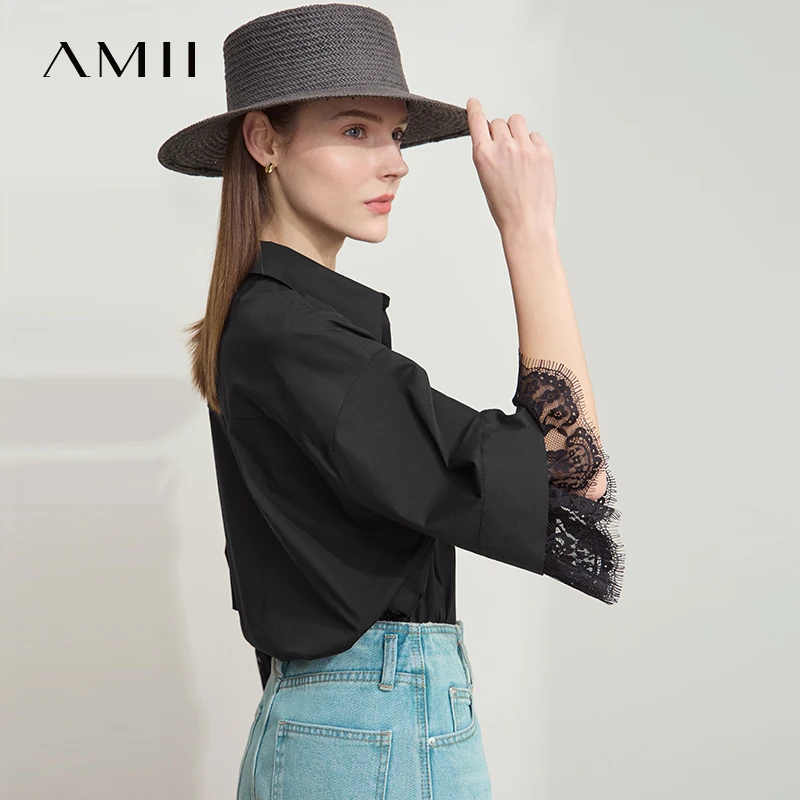 Amii Minimalist Cotton  Shirts for Women 2025 Summer New Solid Lapel Shoulder Half-sleeve Lace Splicing Loose Tops 12542096