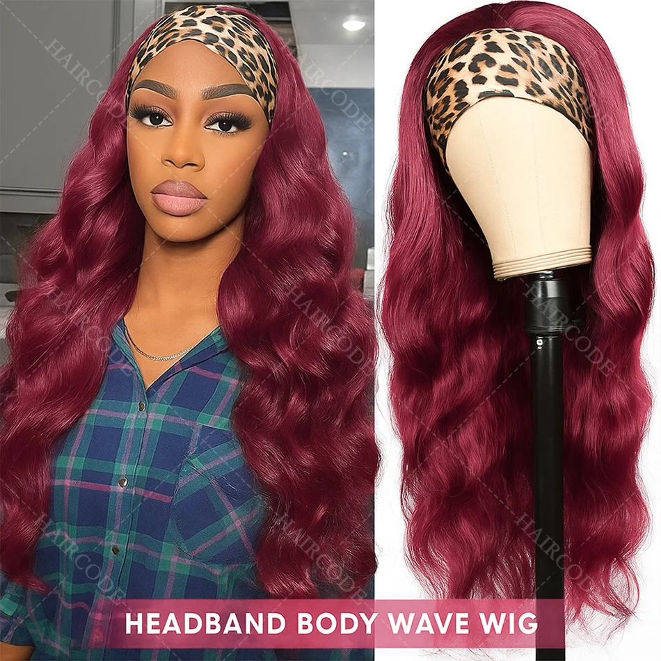 

Headband Wig 99J Burgundy Body Wave Human Hair Wigs 200 Density Brazilian Red Colored Full Machine Made Wig For Women On Sale