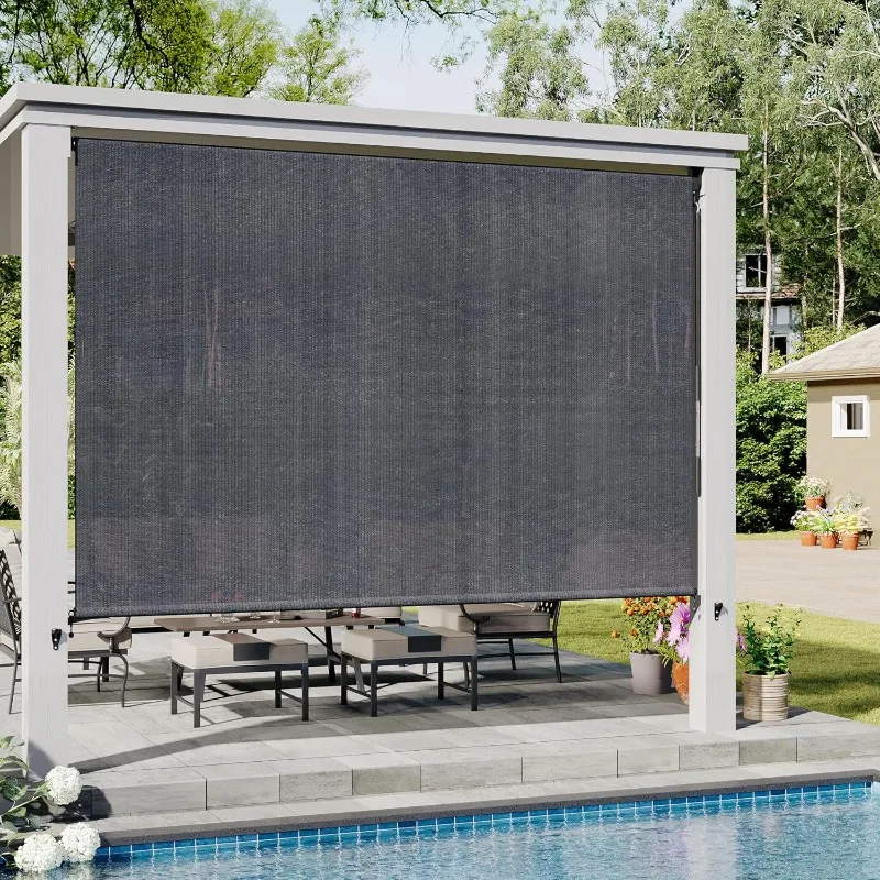Parasol para exteriores (7' W×8' L), persianas enrollables inalámbricas para patio, parasol enrollable exterior con diseño empalmado para porche de patio, gris
