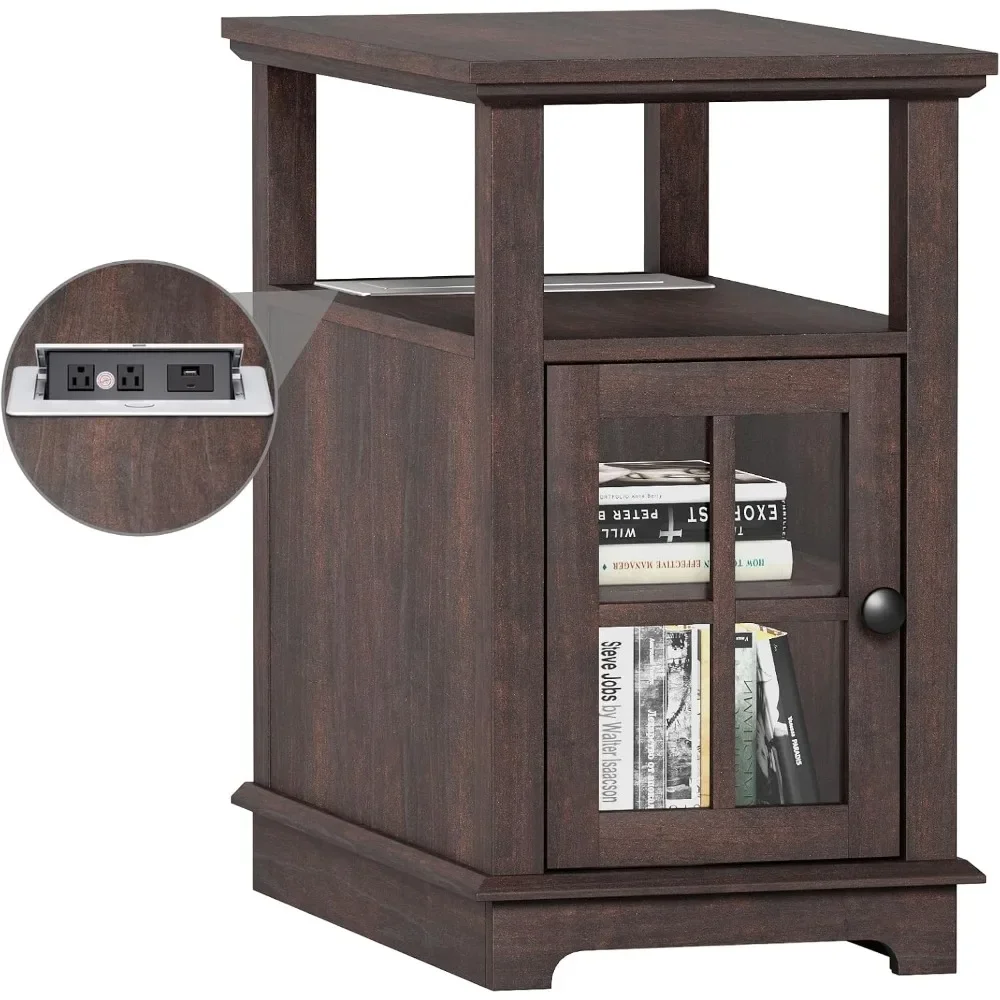 Type-C & USB port & Power outlets, Adjustable Shelf, Narrow Side Table with Storage for Living Room and Bedroom