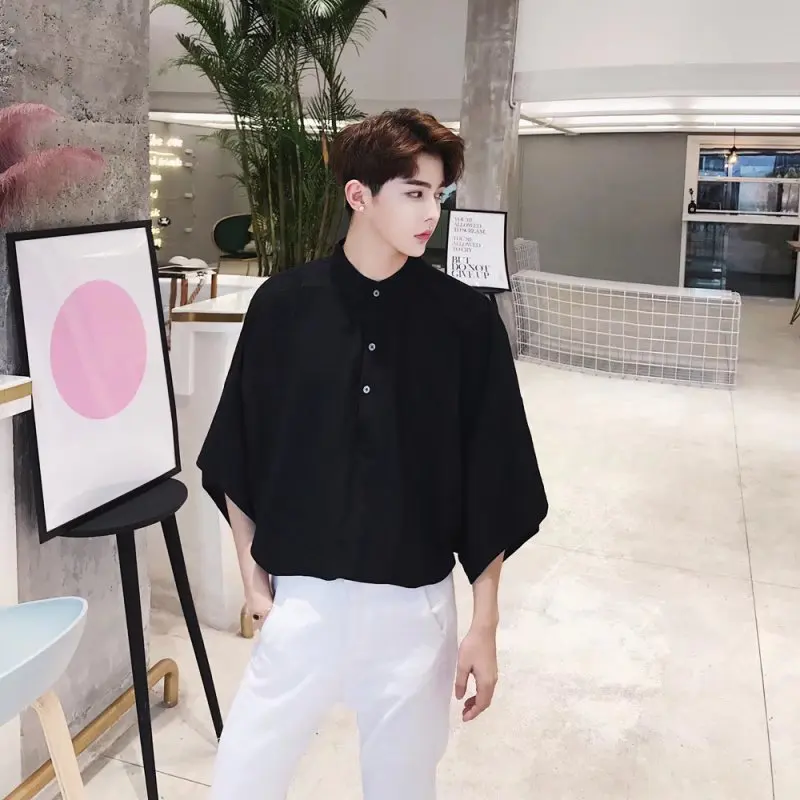 Loose Fit Ice Silk Overhead Shirt Men's Design Sensation Five-Point Short Sleeve Trendy White Shirt Autumn Youth  Pure Color