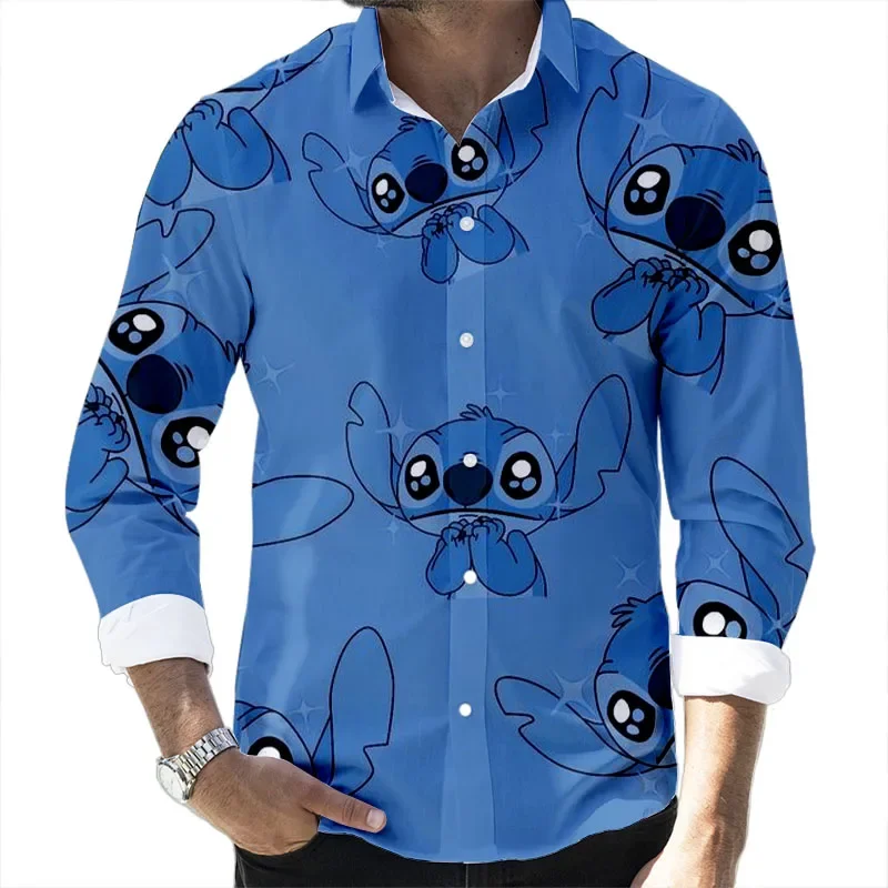 2023 Fall Hot Sale Disney Cartoon Mickey Stitch Casual 3D Printed Long Sleeve Lapel Shirt Mickey Stitch Branded Men\'s Tops