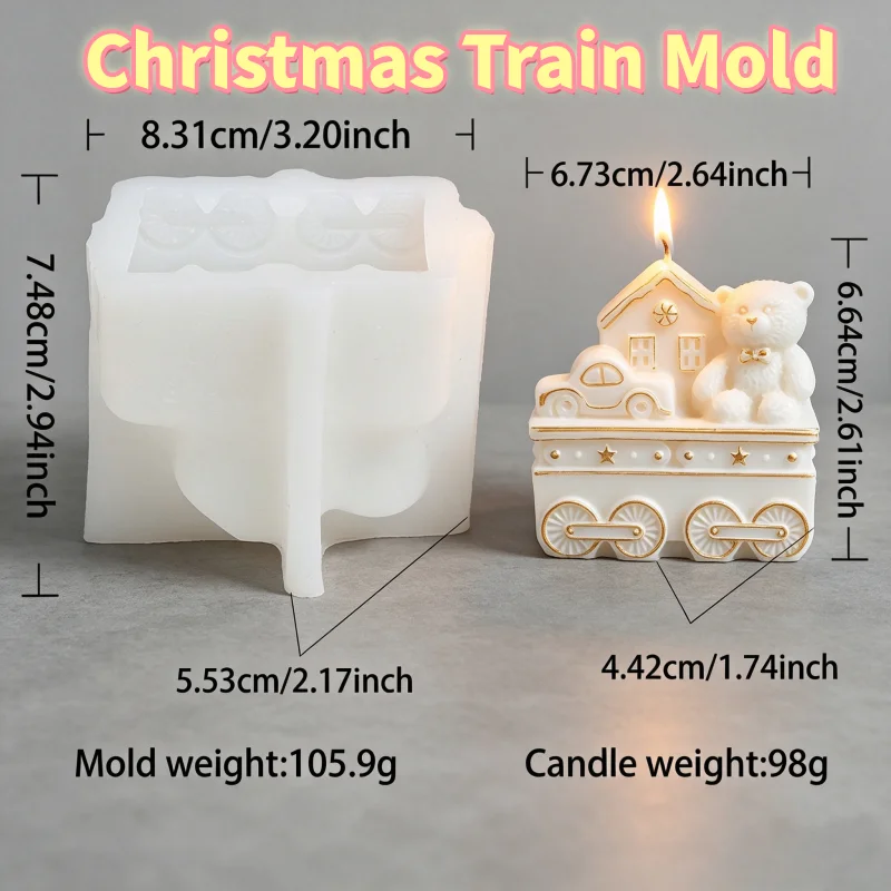 3D-Weihnachtszug-Silikon-Kerzenform, 4 Stile Lebkuchenmann, Bär, Haus, Lokomotive, Schlitten, Wachsform für DIY-Seife und Gips – Detail 11