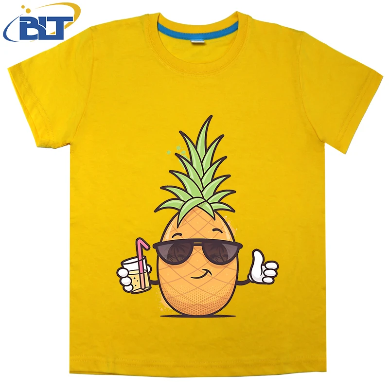 T-shirt de manga curta com estampa abacaxi para menino e menina, top casual de algodão, fresco, verão