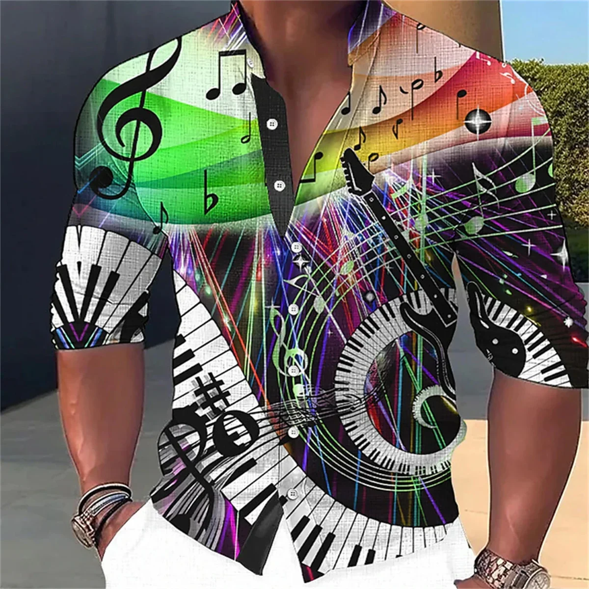 

2024 New Men's Colorful Music Pattern Printed Long Sleeve Standing Neck Shirt Designer Clothing Soft and Comfortable Fabric