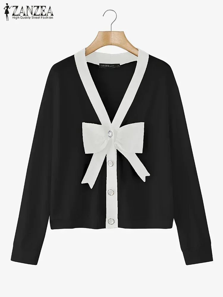 

ZANZEA 2025 Summer Women Long Sleeve Bowtie Blouse Vintage Colorblock Cardigan Fashion Korean Pearl Buttons Tops Casual Tunics
