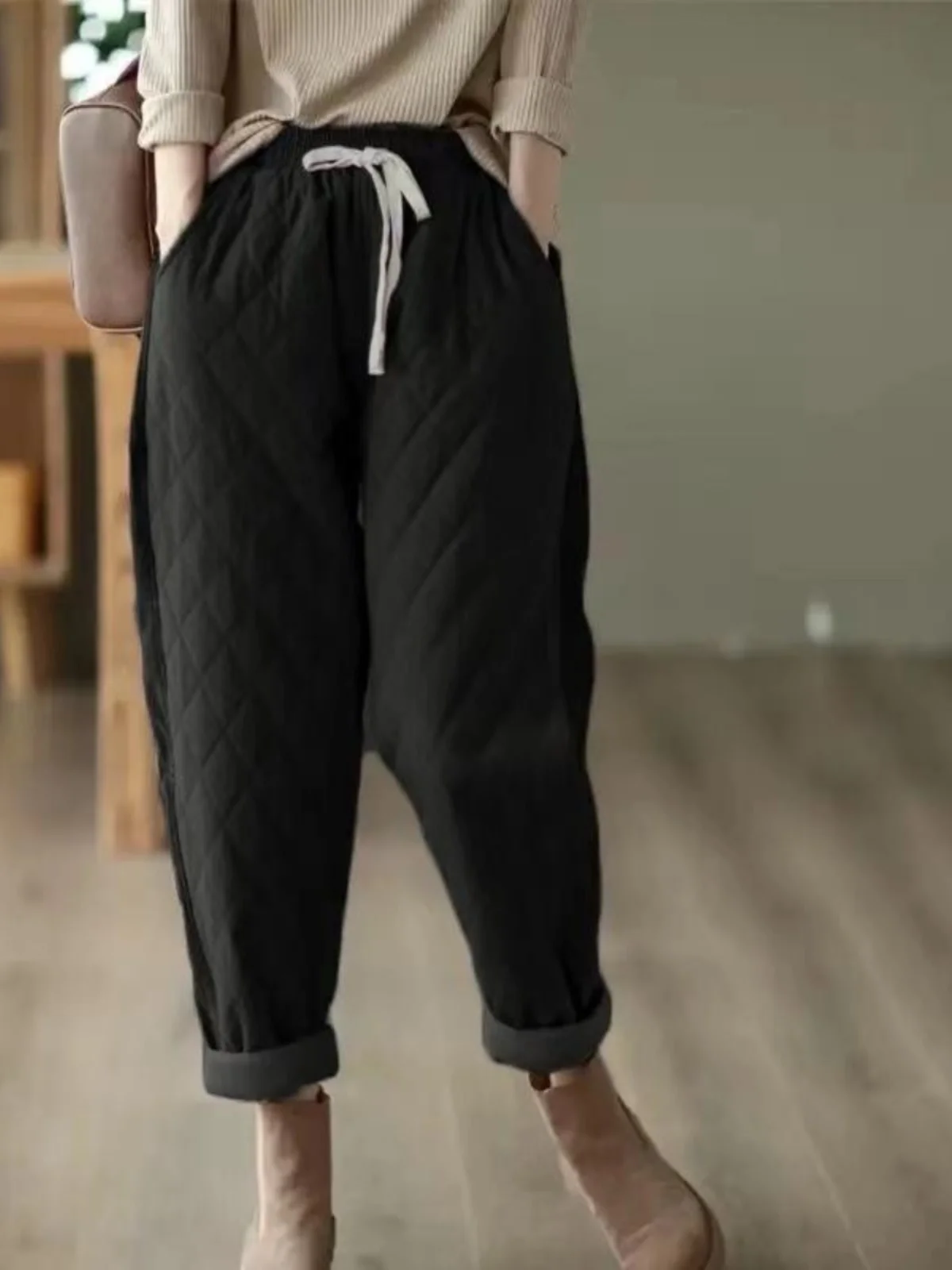 Spodnie damskie Thiened down Fce, bawełniane, typu harlan, z wysokim stanem, długie spodnie, modna odzież wierzchnia, spodnie zimowe dla mamy, ciepłe.