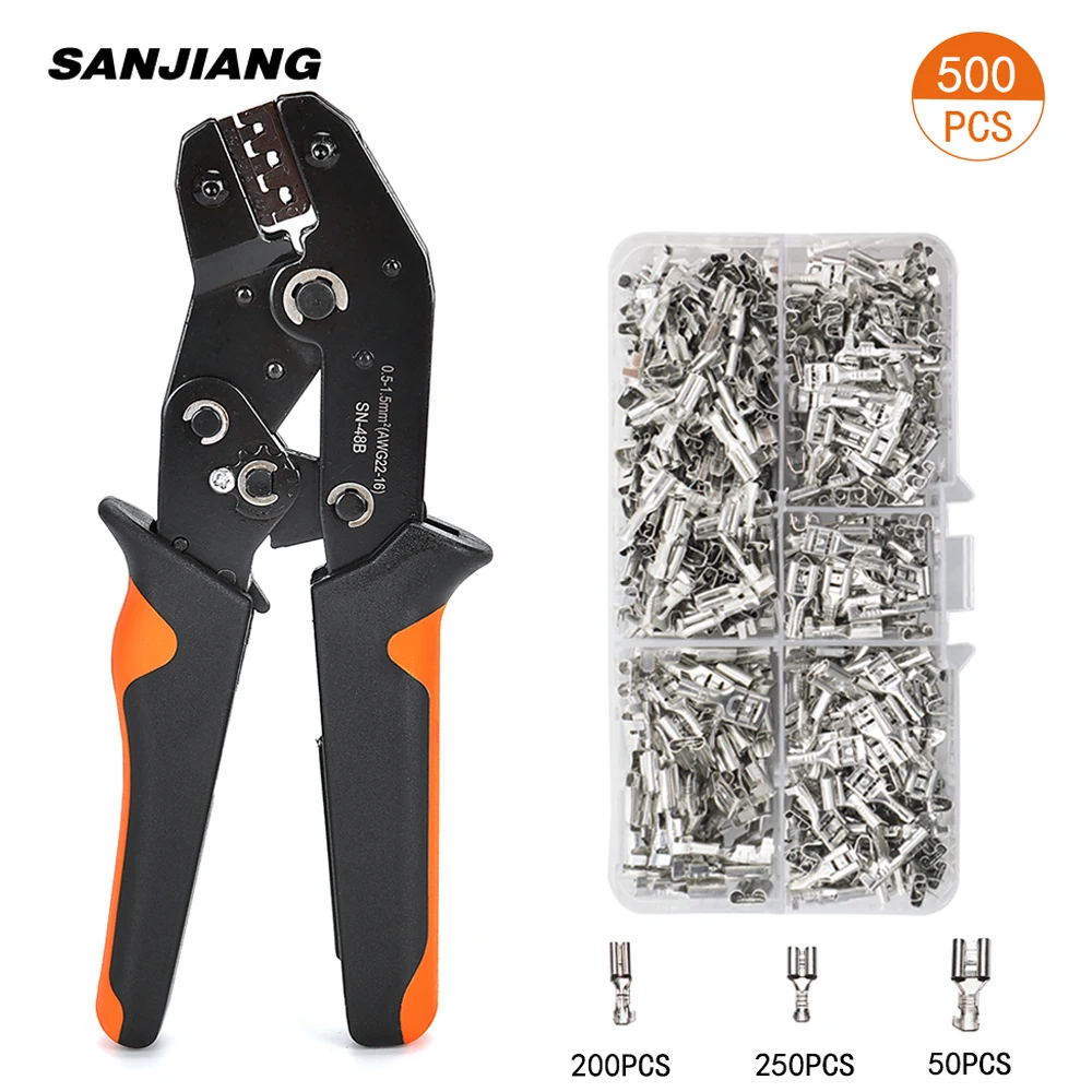 

SN-48B mini precision jaw crimping tool 0.5-2.5mm2 AWG20-13 with 500pcs/lot Tab 2.8 4.8 terminals sets crimping pliers kit