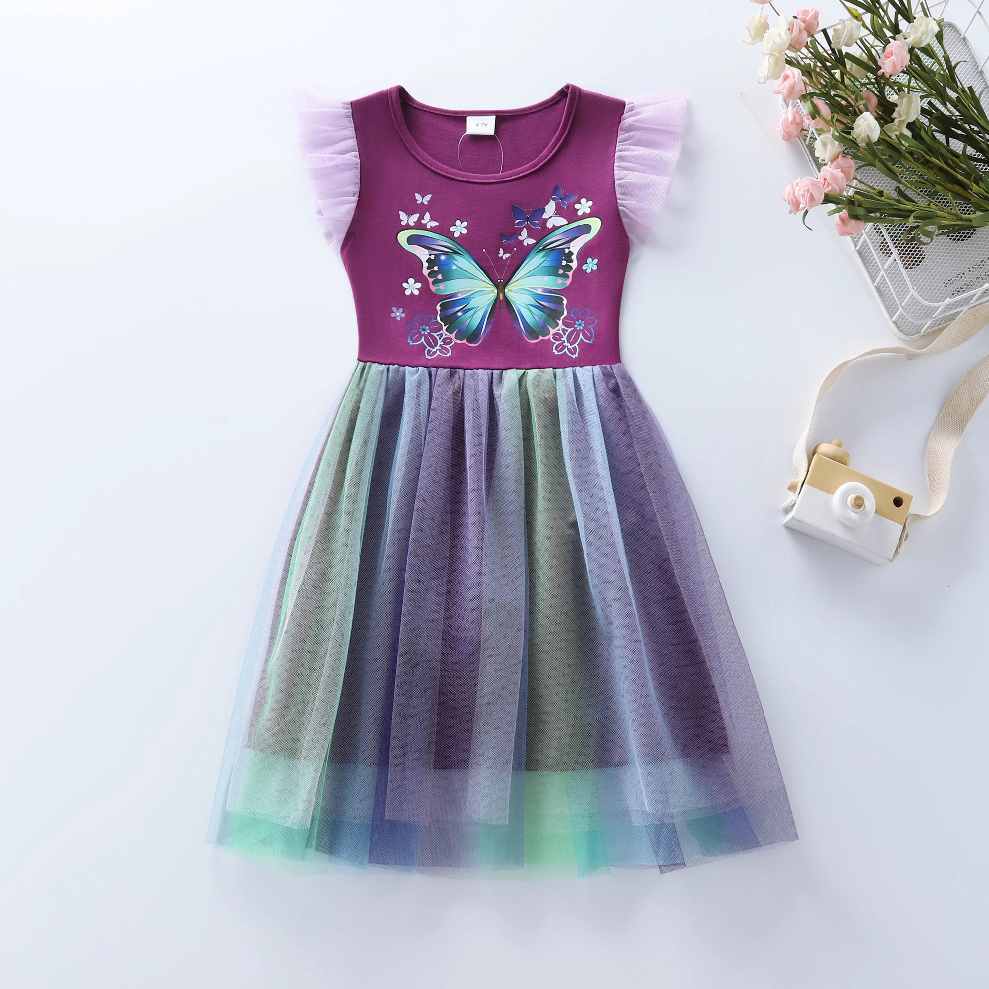 Colorful Butterfly Print Girls Dress with Mesh Panel Gradient Casual Summer Clothes Small Flying Sleeve Daily Wear SH1772