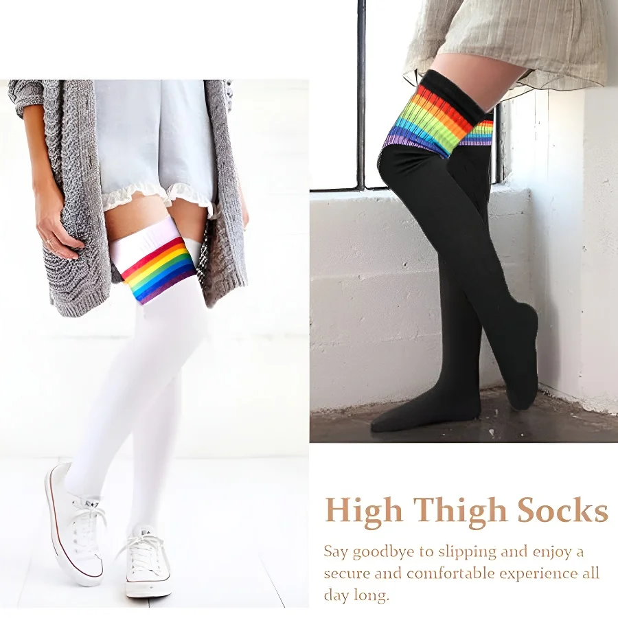 Non Slip Thigh High Socks for Women Over Knee Rainbow Thigh High Socks Cosplay Accessories Fashion  above Knee Tube Stockings