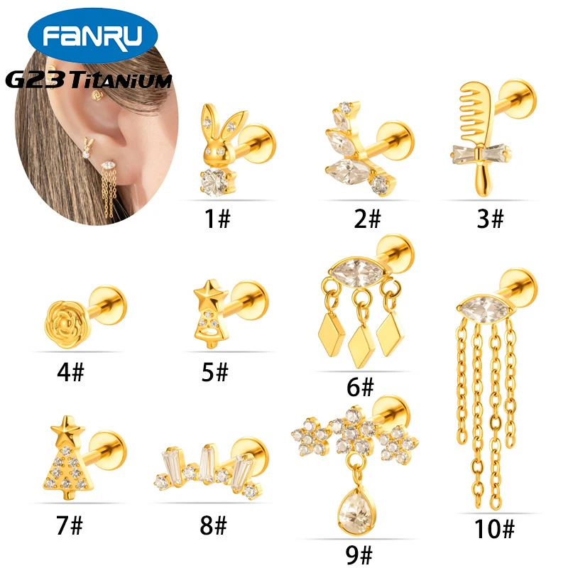 1PC G23 Titanium Horse's Eye CZ Internal Thread Ear Studs Flatback Helix Earlobe Rook Cartilage Lip Stud Piercing Labret Jewelry