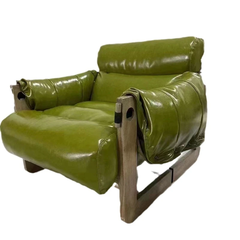 

Nordic retro single solid wood sofa chair antique living room casual leather recliner