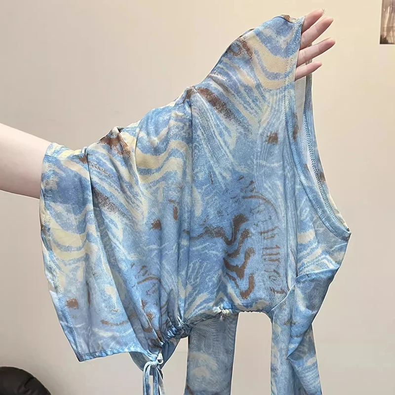 Retro Tie Dye Me Sun Protection Long Sve T-irt Design Sensation Summer Vaion Irregular Dstring Design Women's Top