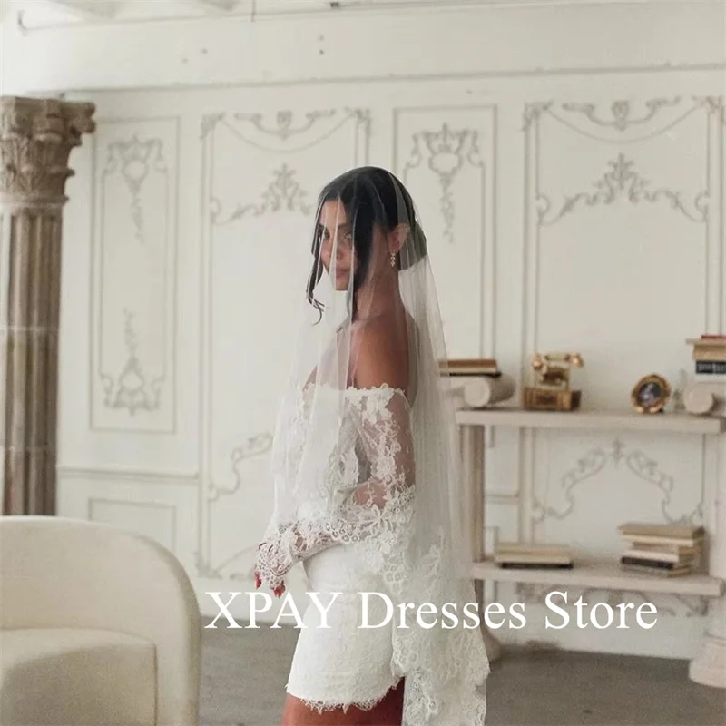 XPAY 2025 Short Skirt Off the Shoulder Wedding Dresses Lace Long Sleeves Vestidos De Fiesta Backless Party Dress With Veil