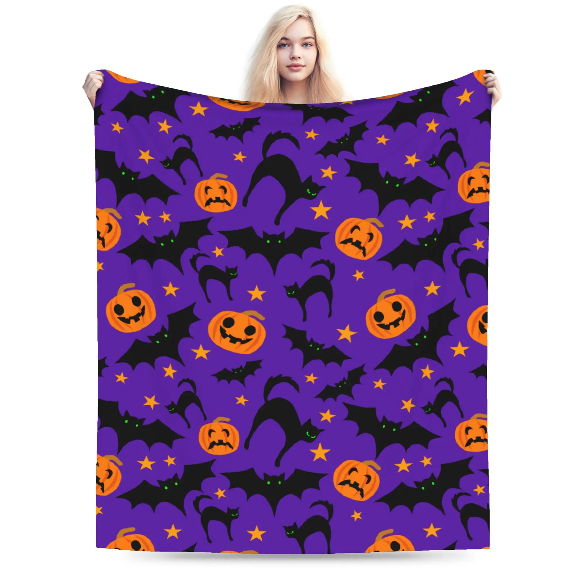 Halloween Pumpkins Bats Witch Cats Blanket Flannel Winter  Multi-function Thin Throw Blankets for Sofa Office Bedding Throws