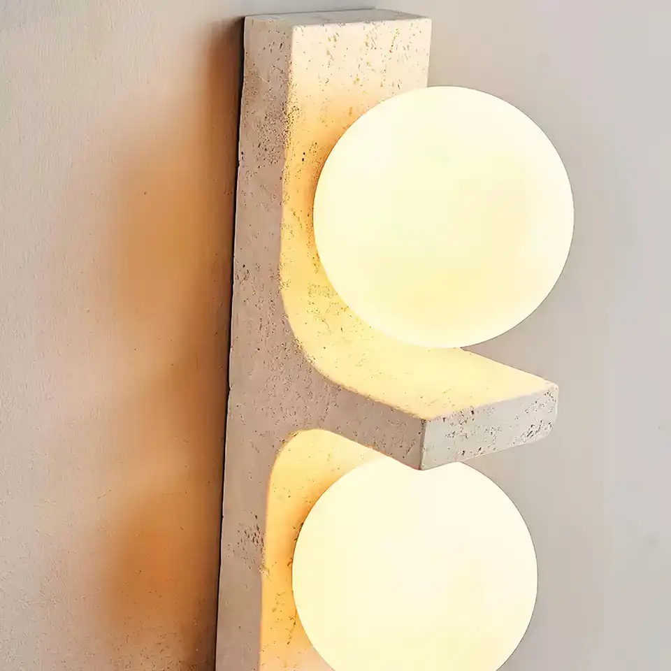 Marble Stone Wall Sconce – Wabi-Sabi Cylindrical Yellow Travertine Up & Down Wall Lamp, Japanese Style For Bedroom, Foyer, Stairs