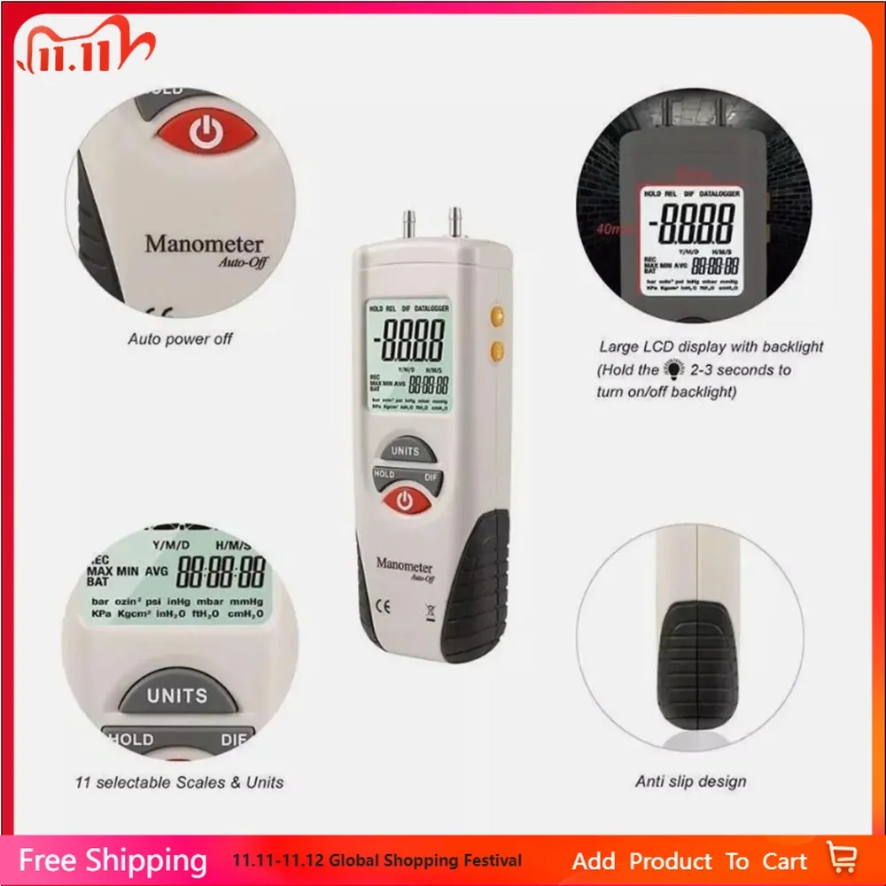 

HTI HT-1890 Gas Pressure Gauge Manometer Handheld Digital Manometer Data Hold Dual Port Air Pressure Gauge HVAC Gas Teste Meter