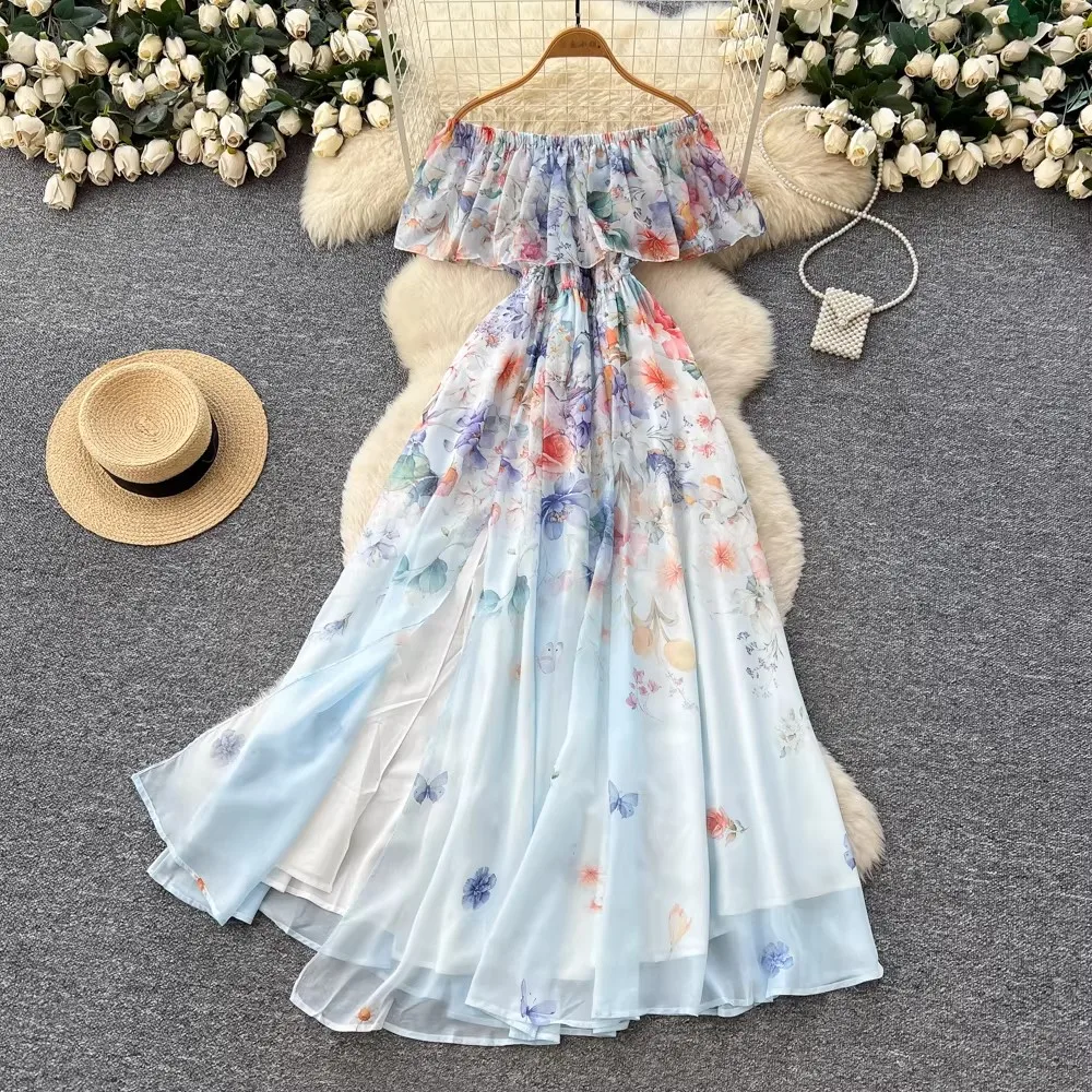 

Chic Fashion Floral Print Long Women Dress 2026 New Summer Y2K Off Shoulder A-Line High Waist Long Dress Vacation Beach Vestidos