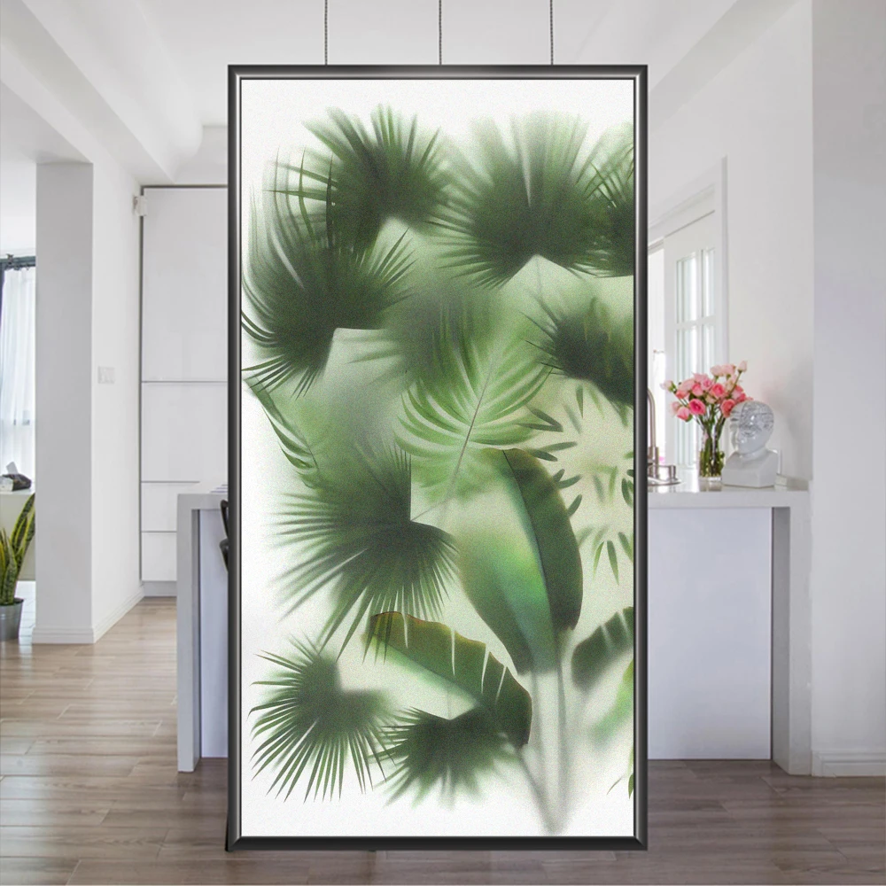 Privacy Glass Window Film Sun Blocking Glue-Free Bathroon Windows Film Green Plant Pattern Frosted Glass Door Decoration Film