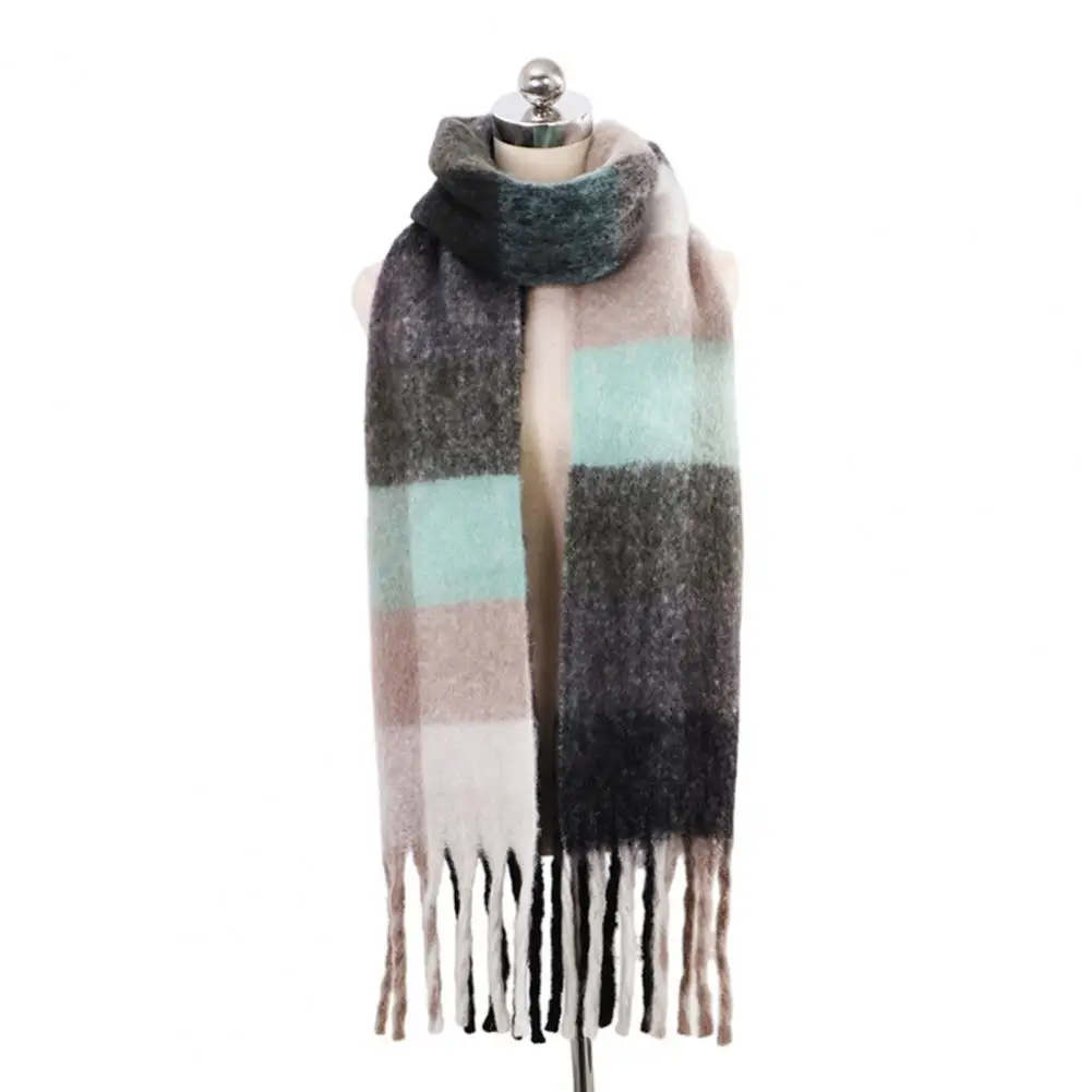 Women Winter Scarf Colorful Colorblock Tassel Decor Neck Scarf Thick Plaid Print Wide Long Unisex Men Winter Scarf