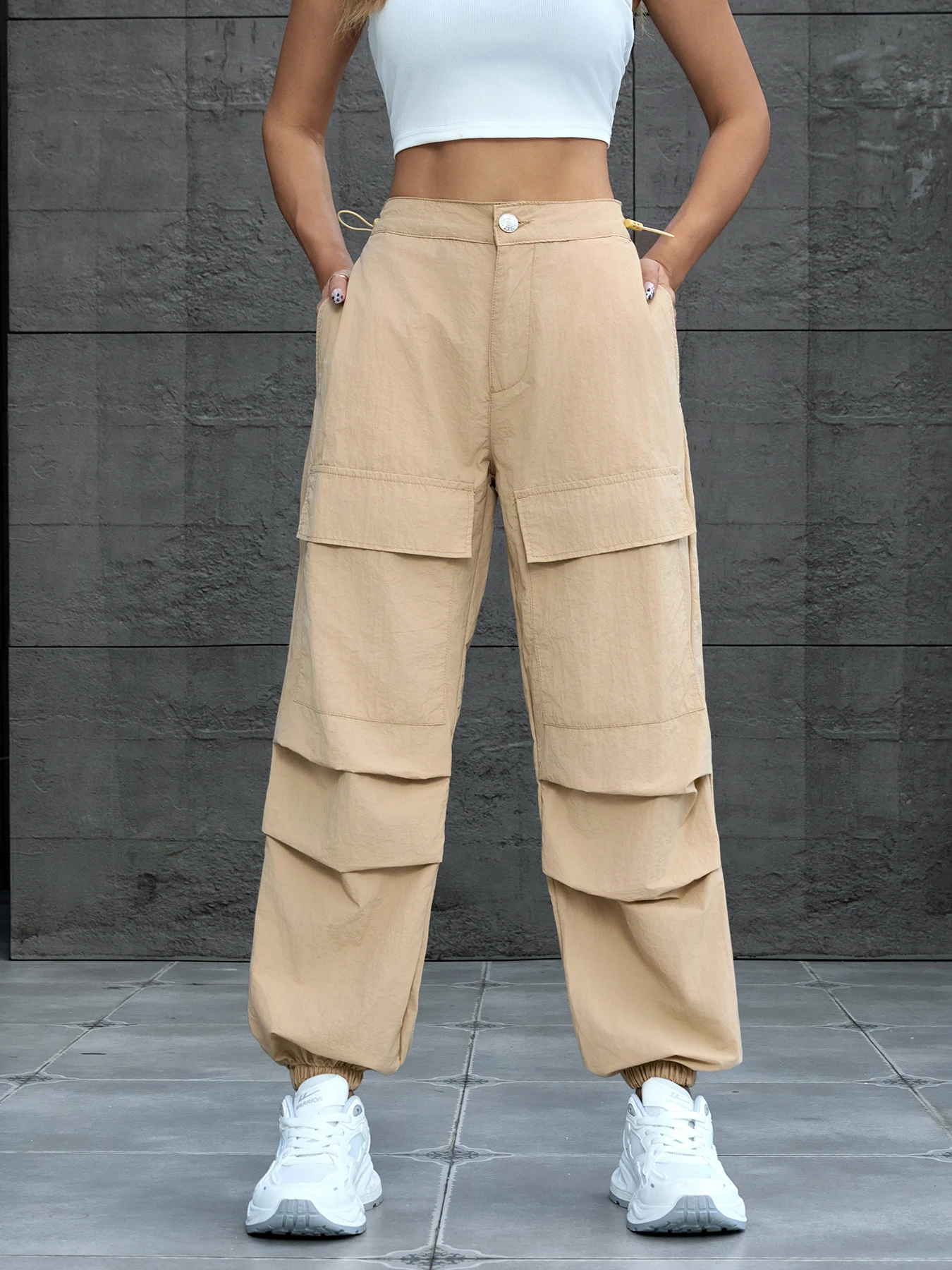 Women's fashion pants, 2 pocket overalls, elastic rope waist, elastic foot, loose pants, suitable for all seasons-2409