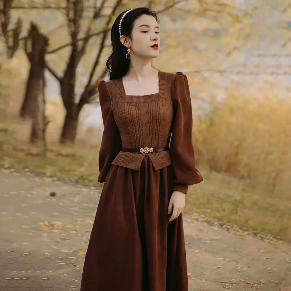 2025 Vintage Elegant Sweater Dress Women Autumn Winter New French Bubble Lantern Sleeve Long Dresses Fake Two-piece