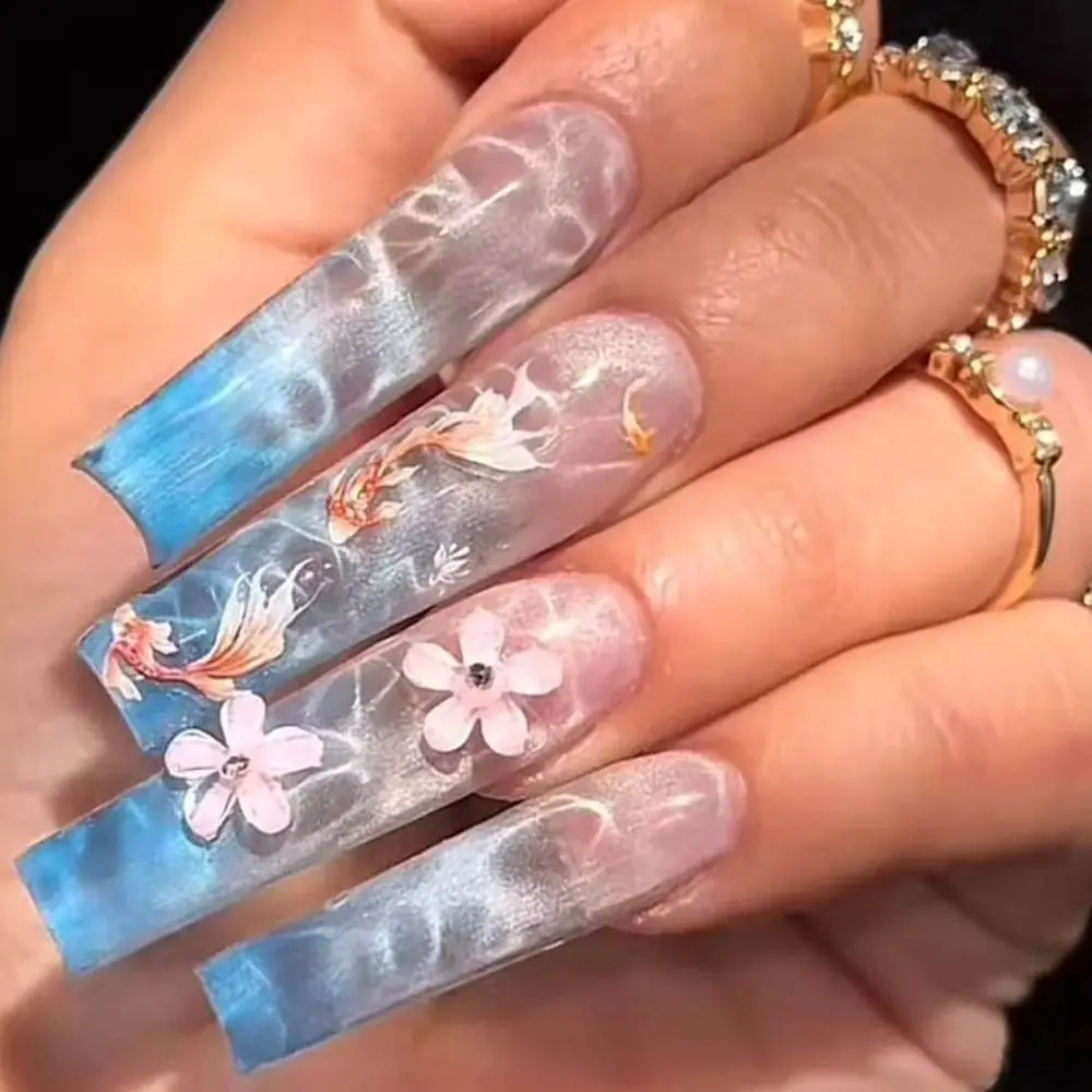 

24pcs Long Ballerina False Nails Metallic Silver Cat Eye Lively Koi Fish Peach Flower Nail Tips Sea Blue Gradient Full Cover