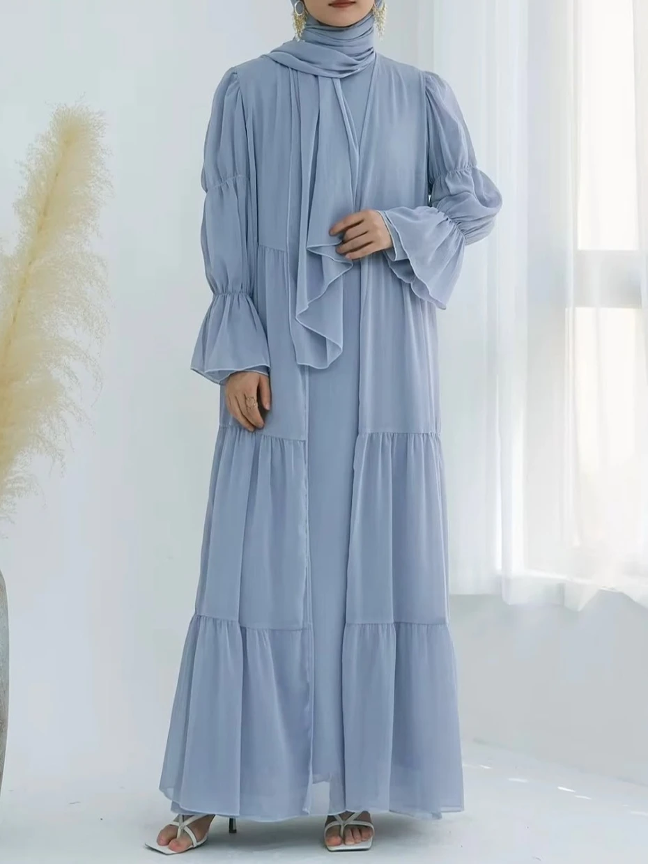 ผู้หญิง Abaya ชุด 2 ชิ้นชุดมุสลิม Abayas ชีฟอง Jalabiya Hijab Lace Up Ramadan โมร็อกโกดูไบ Kaftan Vestidos ยาว Robe ชุด