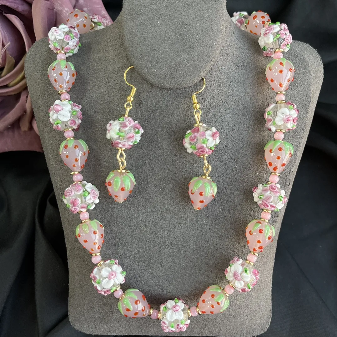 Ensemble collier et boucles d'oreilles en verre émaillé goutte d'eau douce vintage pour femmes, ensembles de bijoux pour filles, mode