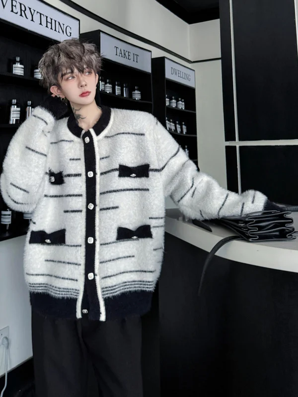 

Мужской зимний утепленный вязаный кардиган TANGZ Studio с цветочной вышивкой и полосатым узором, класса люкс, для отдыха