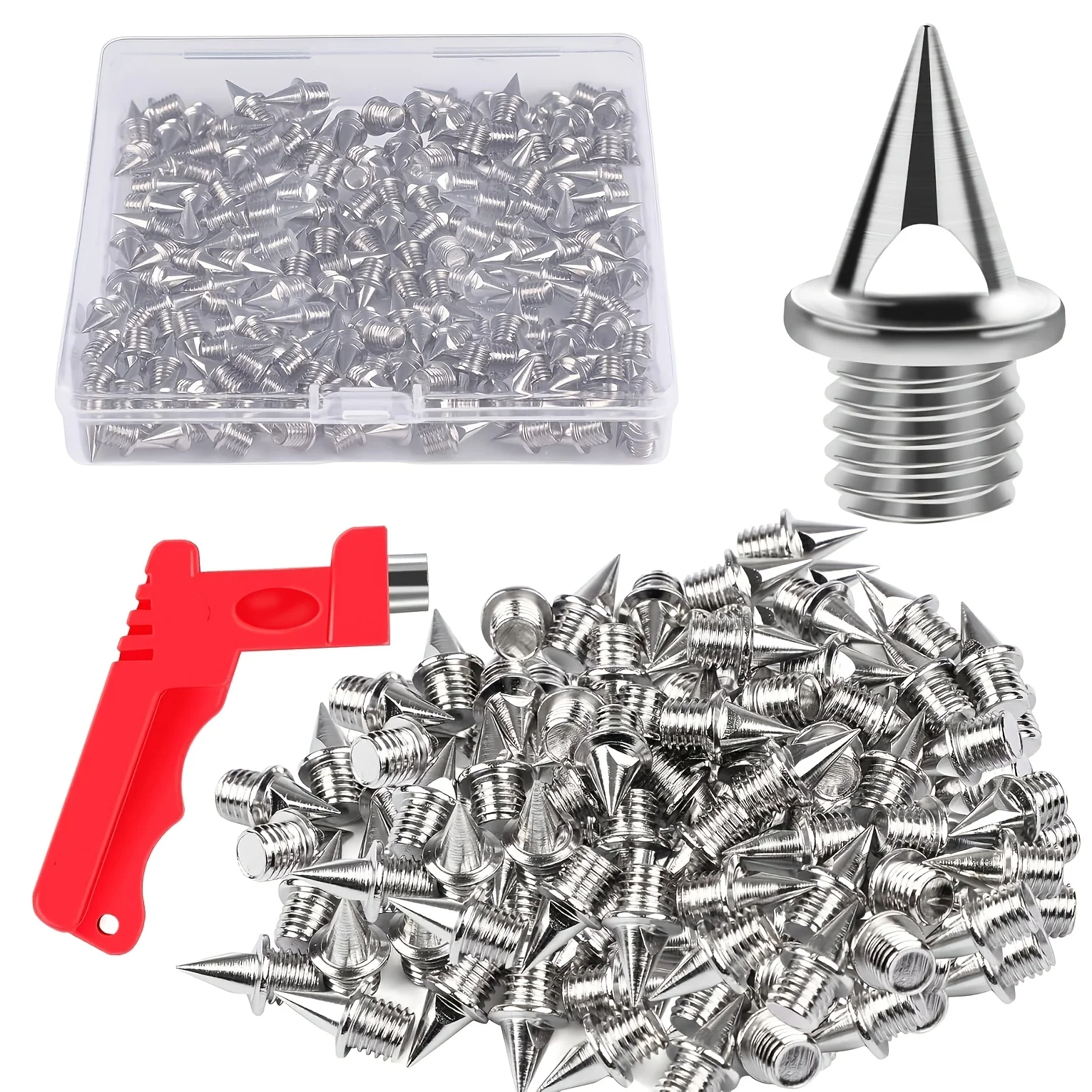 Multi-color track spike set with wrench, includes 1/4-inch replacement spikes, perfect for sprinting, athletic running shoes, track, and cross-country running. Durable metal spikes come with a removal tool.