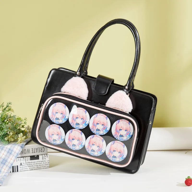 Cute Plush Earache Bag Women's Japanese Transparent Bar Badge Bag Contrasting Color Small Square Bag Girl Black Shoulder Handbag