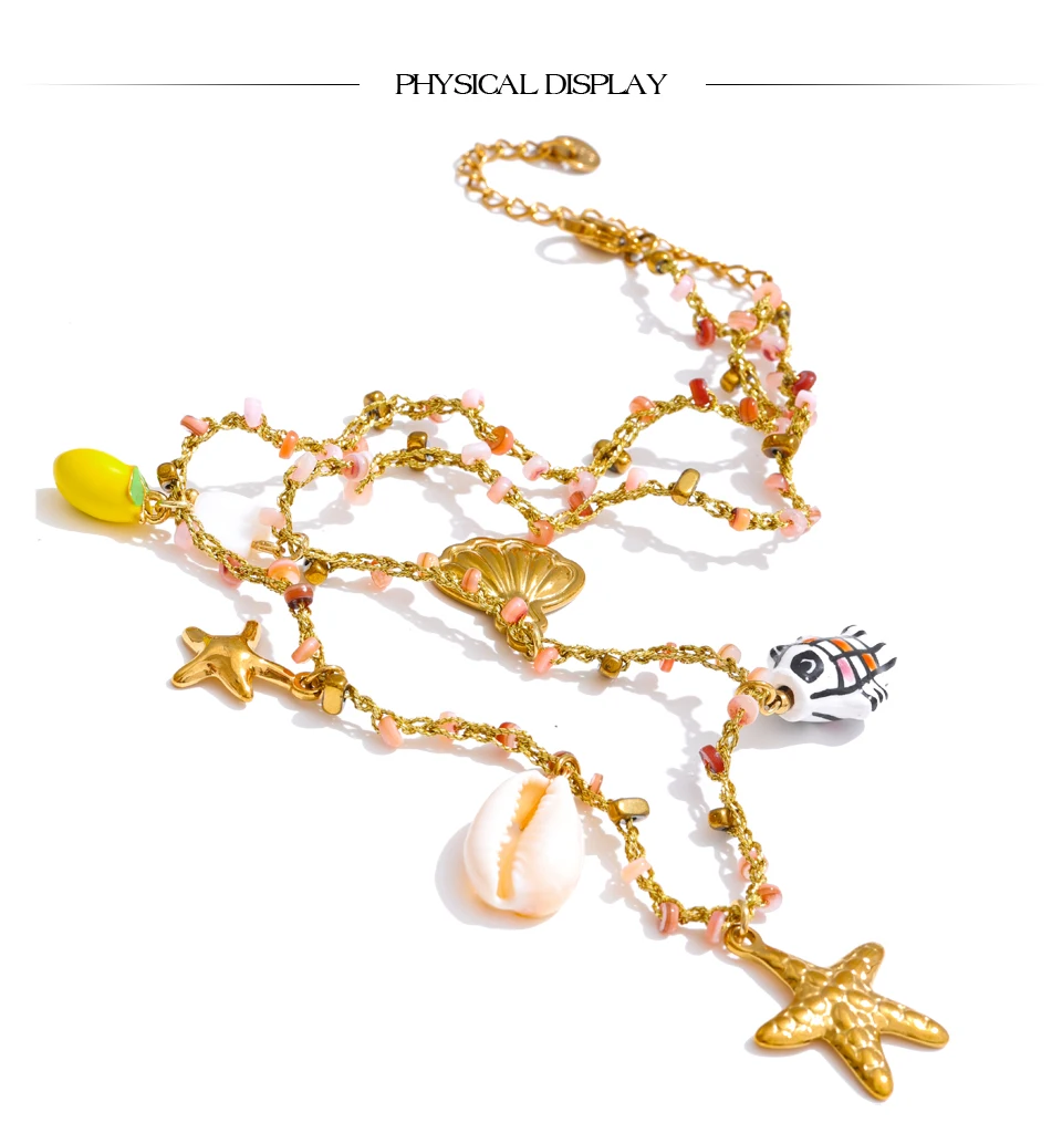 Yhpup Ozean Stil Keramik Fisch Seestern Shell Tropfen Halskette für Frauen Edelstahl Goldener Kragen Sommer Handgefertigter Schmuck – Detail 13