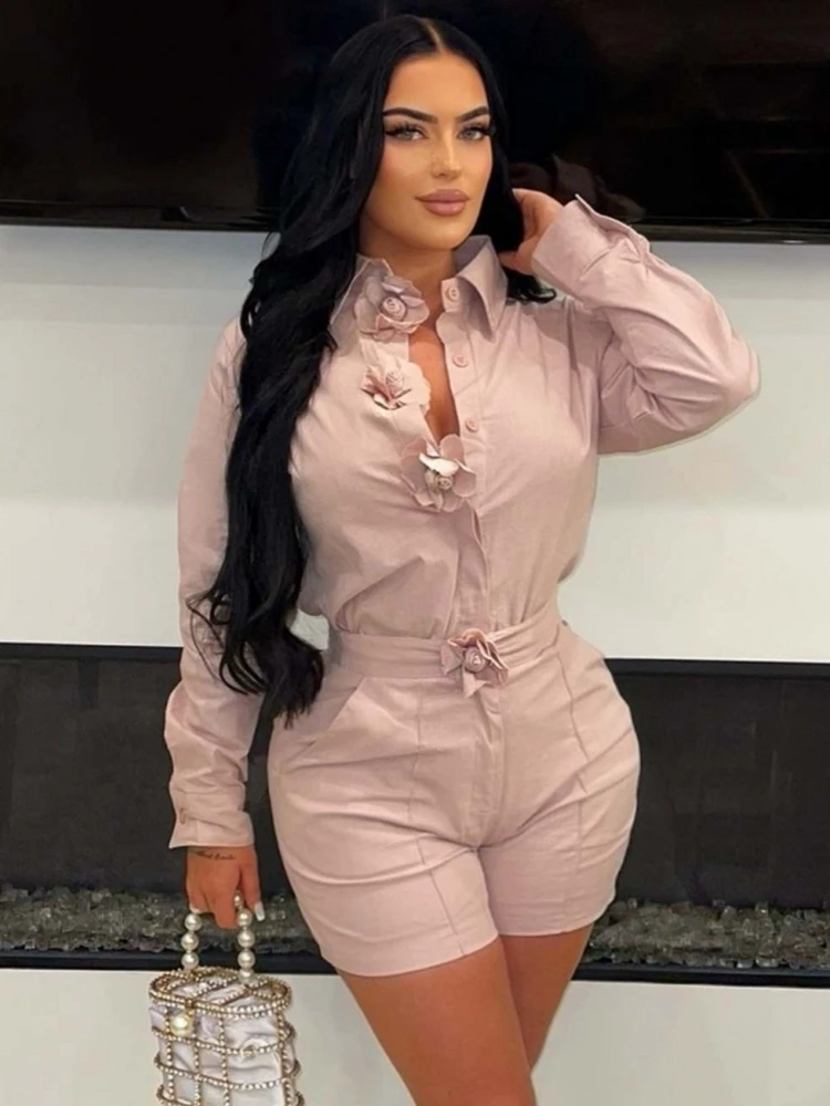 

2 Pieces Set Sexy 2025 Summer Spring Fashion Women Set Female Tops Solid Long Sleeve Shirt Tops And Shorts Suit Matching Outfit