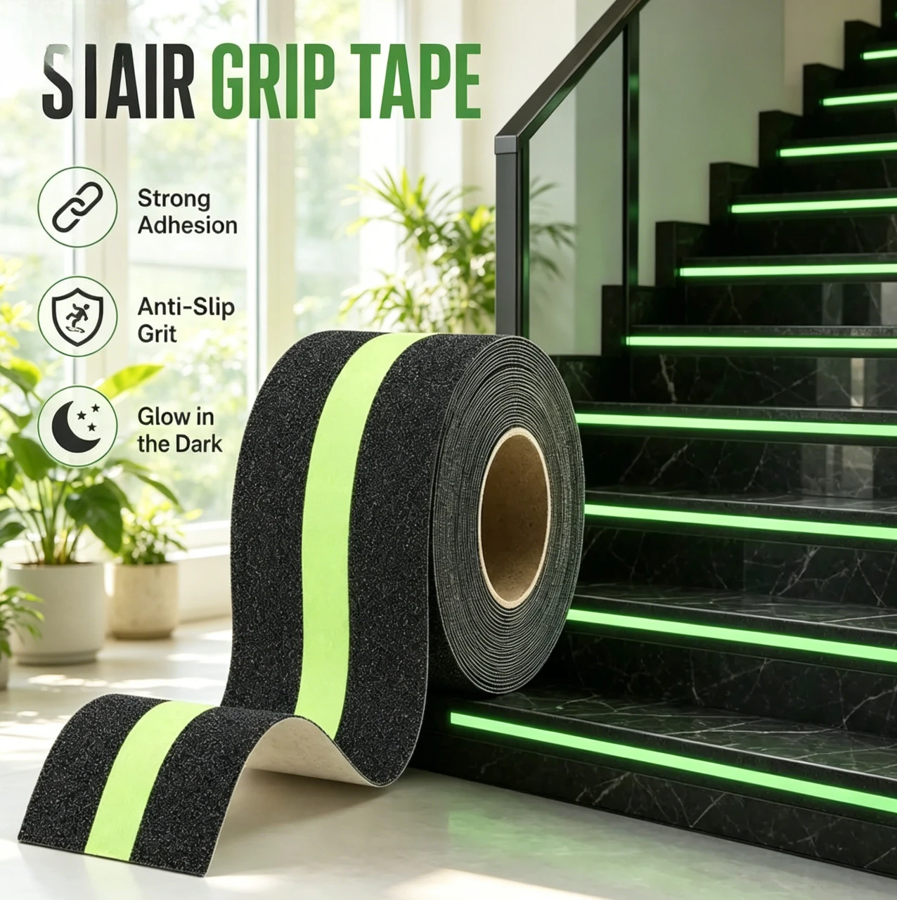 5M Luminous Anti-Skid Grip Tape Glow in The Dark Central Strip Strong Self Adhesive Safety Tread Tape Stair Step Protection