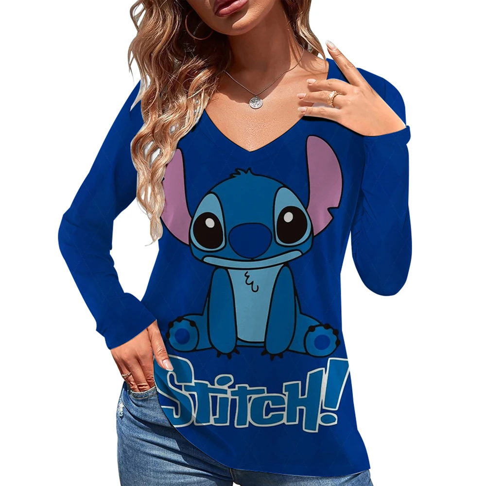 

New Christmas Spring and Autumn Women's Disney's Lilo&Stitch Printed Casual Fashion Long Sleeve Round Neck Loose T-shirt Women's