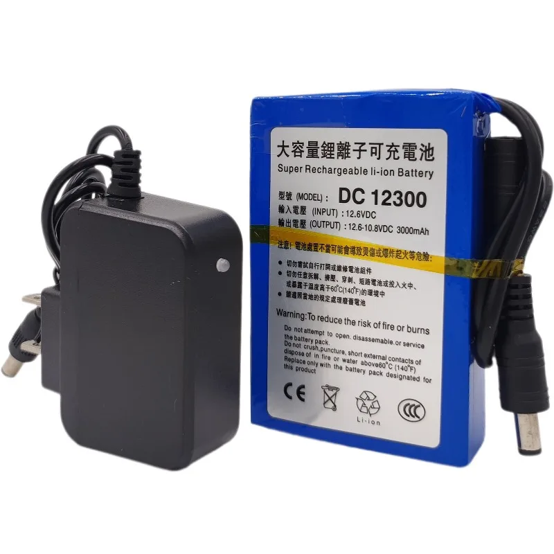 Replacement battery 12V DC-12300 3000mAh Rechargeable Lithium Battery for CCTV Camera 1A charger female-to-male adapter cable
