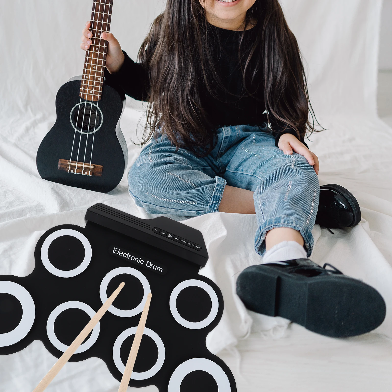 

1Set Electronic Drum Hand Roll Up Durable USB Charging Portable Practice Drum Kit Black for Beginners Kids Learning