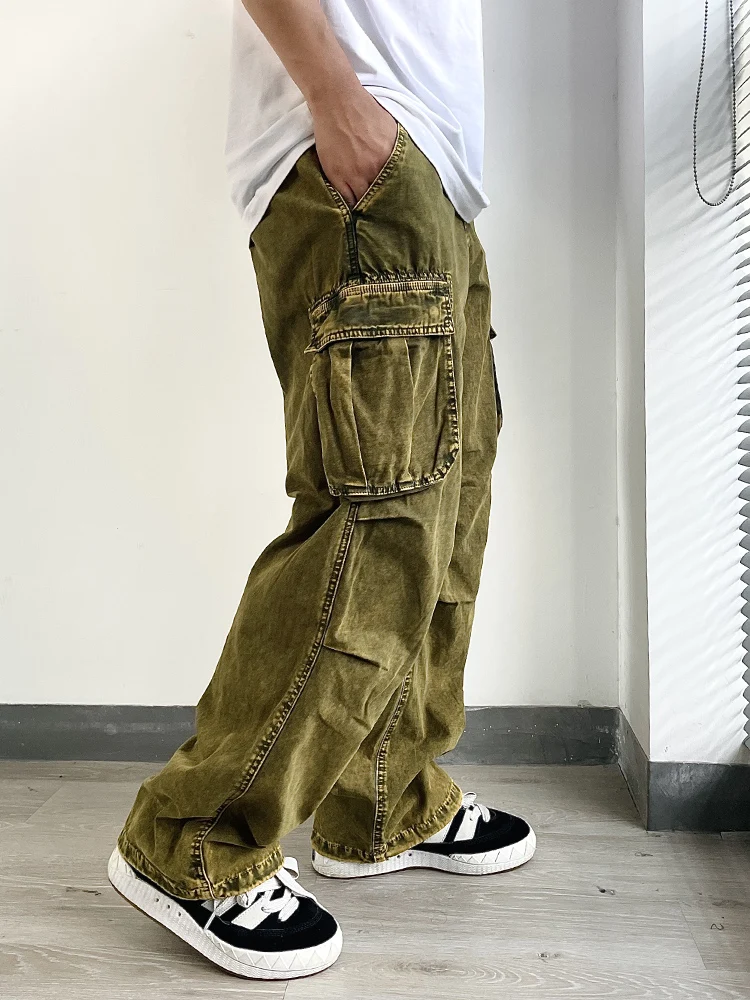 

Heavyweight Autumn Winter Workwear Pants Men's Loose Straight Casual Waed Vintage Sle Trousers with Big kets