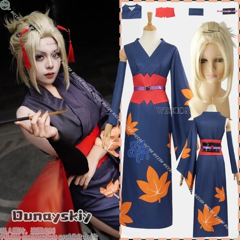 Disfraz de Anime Kintama Tsukuyo, Jersey Sexy con abertura larga, Kimono japonés con patrón de hoja de arce, vestido Kawaii para Halloween