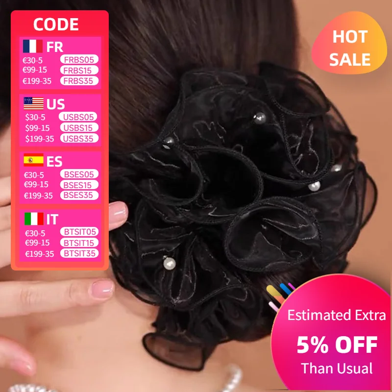 

Spring and Summer New Fashionable Pearl Inlaid Hair Ring Extra Large Black Headdress Flower Updo Hair Big Scrunchies for Women