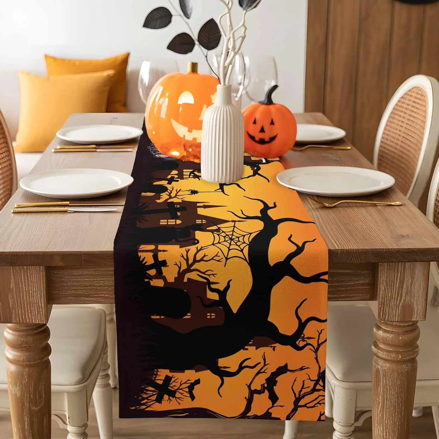 Halloween Witch Castle Tree Cobweb Linen Table Runner Holiday Party Decor Halloween Theme Kitchen Dining Table Runner Home Decor