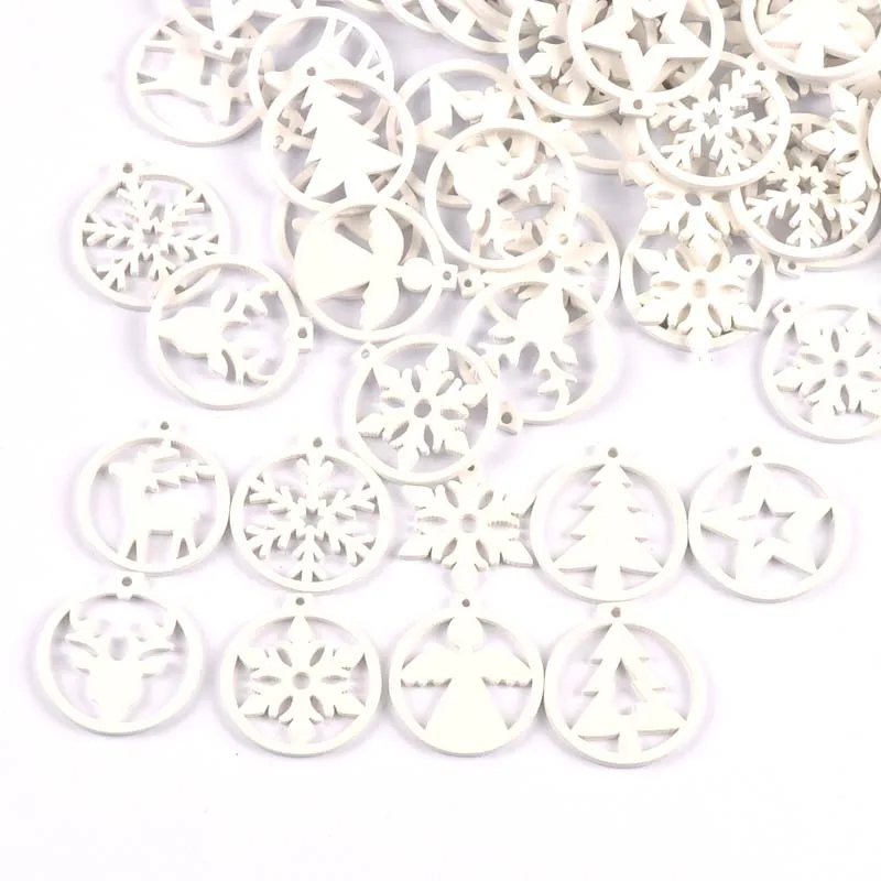 30pcs Wood Round White Christmas Tree Pendant Hanging Ornament Santa Claus Xmas Party DIY Home Decoration 30-35mm cp3521