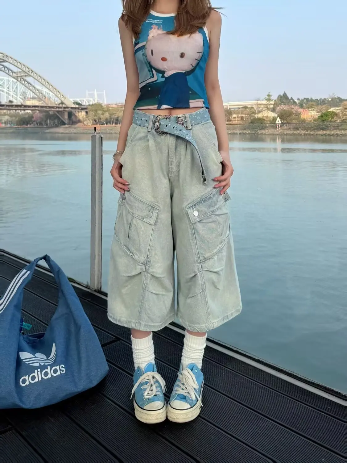 

American Sle Men's Heavyweight Retro Functional Jeans Summer Loose Casual Light Blue Seven-Eight Length ket Pants
