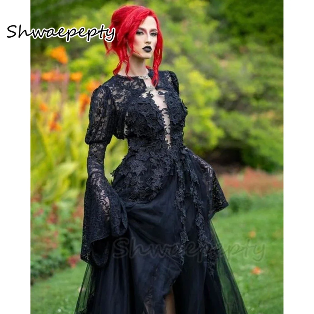 Front Split A Line Black Wedding Dress With Long Sleeves Lace Jacket Gothic Wedding Gown For Women 2024 Fall Vestido Customized