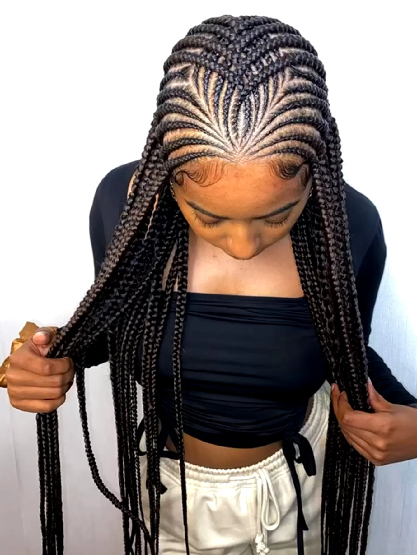 

Синтетические Fulani Criss Cross Cornrows плетеные парики 36 "ручная работа полная кружевная богиня без узлов коробка плетеные кружевные парики для чернокожих женщин