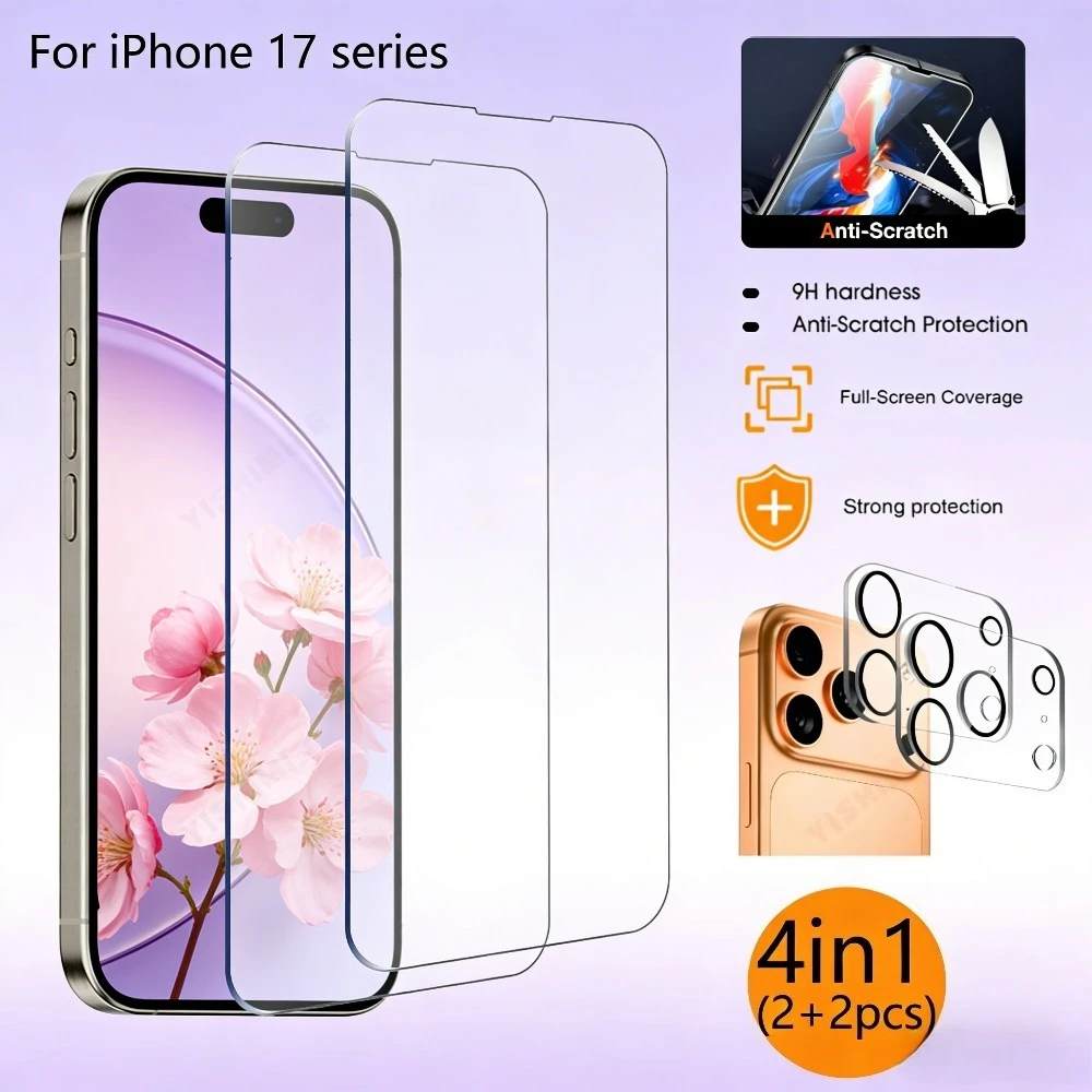 

2 шт. защитных стекол Ultra HD для iPhone 17, 16, 15, 14 Pro Max, Air 17e, 16, 15 Plus, 13, 12, 11 Pro и 2 шт. защитных стекол для объектива камеры