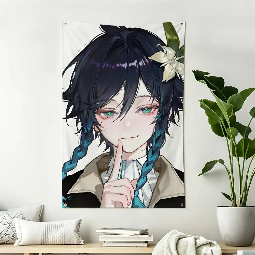 Cute G-Genshin-I V-Venti W-Wendy Home Decor Wall Hanging Vertical Flag Indoor Outdoor Background Tapestry