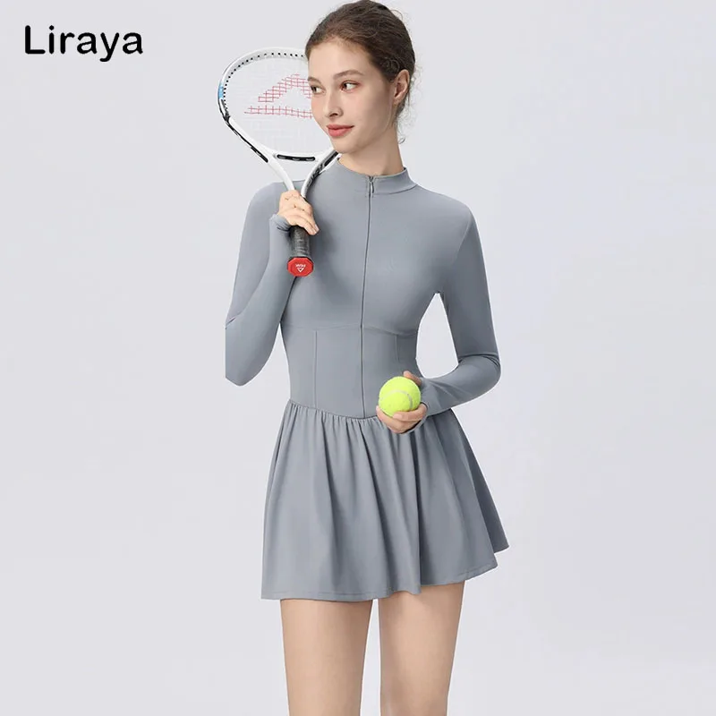

Women Tennis Yoga Dress Solid Color 2 In 1 Pocket Running Skirt Long Sleeve Workout Clothes Female Breathable Sportswear