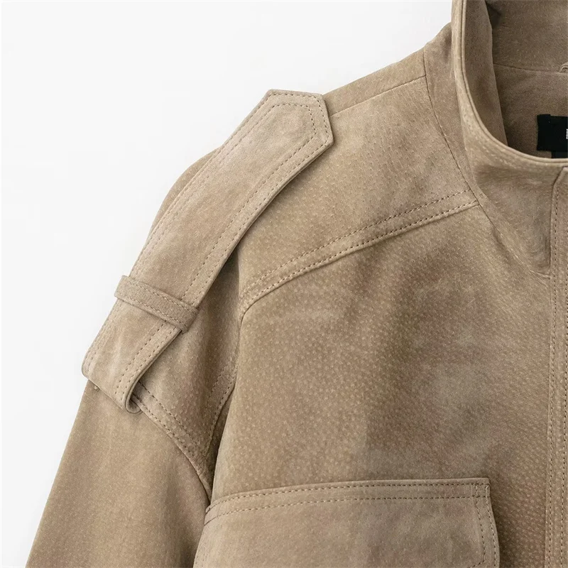 Outono nova gola feminina ombro remendo bolso decoração camurça textura casaco de couro feminino jaqueta de couro